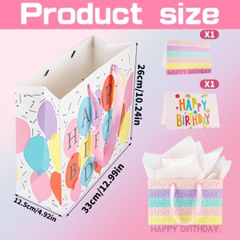 Hongplus 2pcs 13" Large Colorful Happy Birthday Gift Bag with Ribbon Handle, Pink Wrapping Tissue Papers and Cards for Girls Kids Women Birthday, Birthday Gift Bags Party Decorations