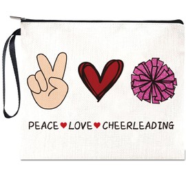 CREATCABIN Cheerleader Makeup Bags Canvas Cosmetic Bag Polycotton Multi Purpose Zipper Pouches Toiletry Travel Bag Purse for Women Her Cheer Bag Gift 9.4x8Inch-Peace Love Cheerleading