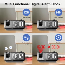 Cuteefun Alarm Clock with Projection, Projection Alarm Clock with Large 7 Inch LED Display, Two USB Ports, Temperature and Humidity, 3 Brightness Levels, 12/24H, 2 Alarm Times, Snooze, Black