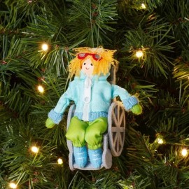 New ! Fabric Child Wearing Blue Jacket in Wheelchair Christmas Tree Ornament