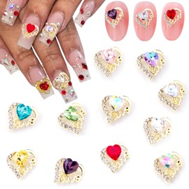 NEWSPIED Gold Heart Nail Charms for Nails 12 Pcs Valentine's Day 3D Heart Nail Rhinestones Love Heart Shape Nail Gems with Crystals Diamonds Design Acrylic Nail Supplies for Women DIY Craft Jewelry