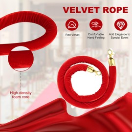Berverra 4pcs Velvet Stanchion Rope, 5 Feet Red Velvet Rope Crowd Control Barrier with Gold Plated Clasp for Carpet, Queue Safety Barriers for Party Decorations, Hotels, Theaters, Grand Openings
