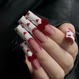 BABALAL Valentines Press on Nails Long Square Fake Nails White French Tip Glue on Nails Red Heart Acrylic Nails Fluffy Velvet Bow Charm Cute False Nails 24Pcs Manicure Stick on Nails Squoval Gel Nails