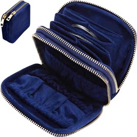 EHERDM Jewelry Organizer Bag for Travel Portable Jewelry Pouch with Zipper Multi-Pockets Soft Velvet Storage Case for Necklaces Earrings Rings Bracelets Watch Straps Blue