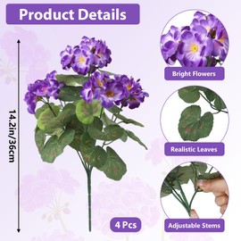 Artificial Flowers for Outdoors, 4 Pcs Realistic Geraniums Faux Fake Silk Flowers for Planters Hanging Basket Outside Window Box Front Porch Garden Home UV Resistant Artificial Plants Outdoor Decor
