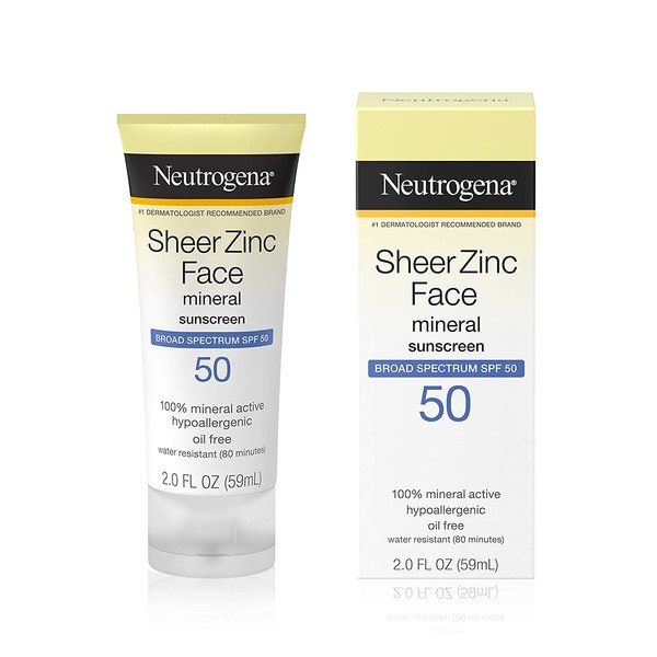Neutrogena Sheer Zinc Oxide Dry-Touch Mineral Face Sunscreen Lotion with Broad Spectrum SPF 50, Oil-Free, Non-Comedogenic & Non-Greasy Zinc Oxide Facial Sunscreen, Hypoallergenic, 2 fl. oz