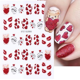 Valentines Day Nail Stickers, 3D Self-Adhesive Red Valentines Nail Art Decals Heart Kiss Love French Valentine Nail Design for Women Girls (6Sheets)