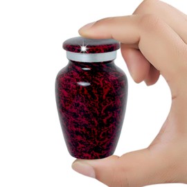 Marble Finish Keepsake Sharing Urn – Mini Metal Cremation Urn for Human or Pet Ashes – Small Memorial Token Urn with Velvet Bag & Funnel – A Perfect Tribute & Gift for Families (Red)