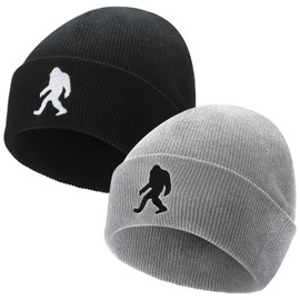Chicingyou 2 Pack Men's Beanie Winter Knit Hat Sasquatch Knit Hat Winter Warm Cuffed Skull Cap Christmas and New Year for Dad Husband Grandpa Black, Gray