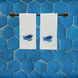 Serafina Home Summer Soft Absorbent Bathroom Guest Sea Turtle Fingertip Towels: Aqua Blue Turquoise Royal Blue Embroidery Design, 2 Piece 12" x 18" Inches