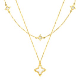 Cicy Bell Womens Four Point Star Necklace Sets Double Layer Chain 18k Gold Plated Cubic Zirconia Mother of Pearl Lucky Pendant Necklace