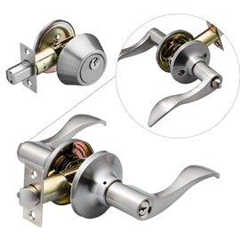 Berlin Modisch Entrance Lever Door Handle (for Office and Front Door) Reversible for Right and Left Side and a Single Cylinder deadbolt Set Keyed Alike Combo Pack Classic Series