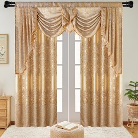 NAPEARL Jacquard Curtains with Luxury Valance for Living Room, Bedroom Curtain Drapes, Curtains with Satin Lining Curtains for Bedroom, Set of 2 Panels with Lining Curtains (Gloden, W52 x L84)