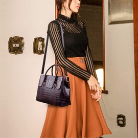 Women Satchel Handbags Top-Handle Bags fuax Leather Embossed Crocodile pattern shoulder bag, Purple-red, Large