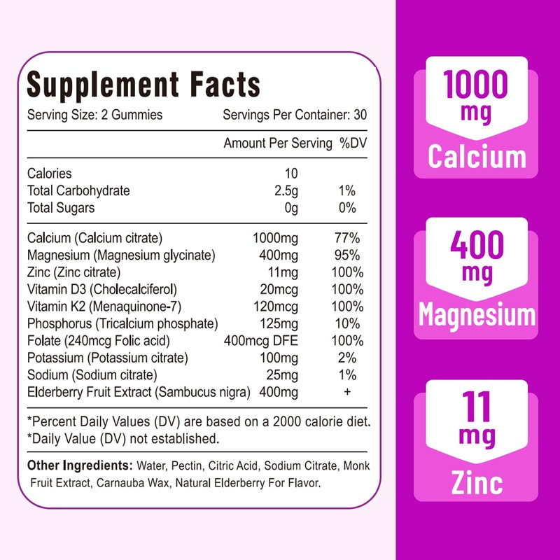 Calcium Magnesium Zinc Gummies with Vitamin D3 and K2, High