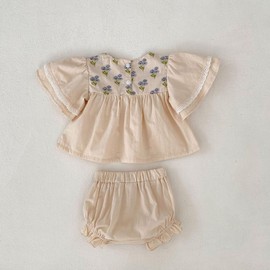 HOOLCHEAN Baby Infant Girls Summer Bubble Short Sleeve Ruffled Tops and Shorts Outfit (Khaki, 100: 2-3T)