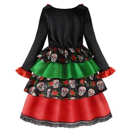 ReliBeauty Kids Day of The Dead Costume for Girls Sugar Skull costume with Flower Headband 140