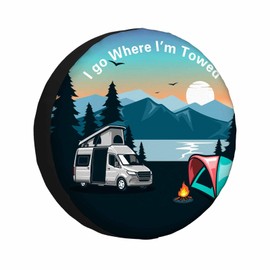 MIYASANG I Go Where I'm Towed Spare Tire Cover Tent Campfire Caravan Outdoor Tourism Pine Trees River Weatherproof Universal Wheel Protectors Camper Tire Covers for Trailer Rv Travel(17 inch)