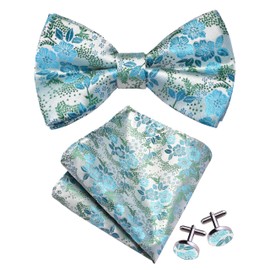 GUSLESON Green Bow Tie and Pocket Square Set for Men Blue Floral Pre-Tied Bowties Cufflinks for Wedding (0493-17)