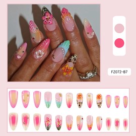 24Pcs 3D Flower Press on Nails Medium Almond Fake Nails with Colorful Floral Design Summer Nail Art Acrylic False Nails Beads Rhinestones Charms French Stick on Nails for Women Daily Wear