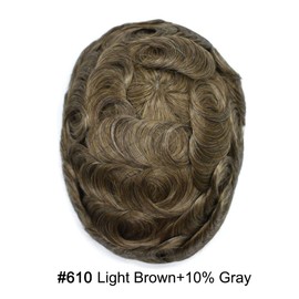 Toupee For Men Hair Piece Full Poly Skin Real Human Hair Prosthesis Units Mens Toupee Hair System Replacement Hairpices For Men(8x10Medium light density#610 6# LIGHT BROWN+10% GREY)