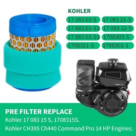 Air filter for Kohler CH395 Ch440 Command Pro 14 HP Engines air filter for Kohler 17 083 03-S 17 083 21-S 17 883 01-S1 17 083 32-S 17 883 03-S1 1708303-S 1708321-S 1788301-1 2pcs Air filter