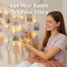 Boho Macrame Photo Display with Fairy Lights – Hanging Wall Decor with 30 Wooden Clips for Polaroids, Prints, Postcards, USB String Lights Picture Collage Holder for Bedroom, Living Room, Kitchen