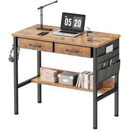 Maihail Small Desk with Drawers for Bedroom, Small Vanity Desk Without Mirror, 31.5inch, Writing Desk with Bookshelf, Computer Desk with Storage Drawers, Vanity Table no Mirror Rustic Brown