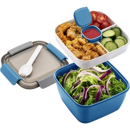 Roysmart Lunch Box Leak-Proof Bento Box with 1 Fork, 1500 ml Bento Box, Sustainable Leak-Proof, 3 Compartments Salad Box-to-Go for School, Work, Picnic, Travel, Camping