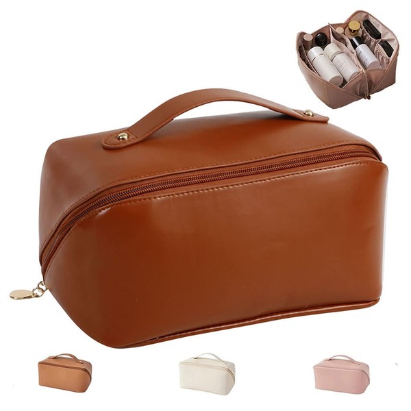 gudong Large Capacity Cosmetic Bag Women, Multifunctional Toiletry Bag, Portable Travel Cosmetic Bag Made of Leather, Waterproof Travel Make Up Organiser with Compartments Cosmetic Organiser, brown,