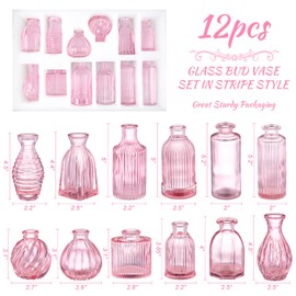 Pink Vase, Bud Vases Set of 12, Small Pink Glass Vases for Flowers Modern Ribbed Glass Bud Vase for Decor Wedding Flower Vase in Bulk Vintage Decor Bridal Shower Centerpieces Home Table Decoration
