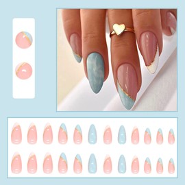 24Pcs Press on Nails Short, Almond French Tips Acrylic Full Cover Fake Nails with Glue Sticker, White Sky Blue False Nails Acrylic Stick on Nails for Women and Girls
