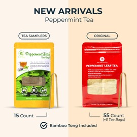 Peppermint Tea Bags - 15 Count, Mini Tea Samplers, Bamboo Tong Included, Re-Steep Herbal Tea, Cool Fresh Breath, Warm Heat, Stomach Relief, Relax, Support