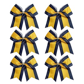 Cheerleader Bows 8 Inch Comb Color Cheerleader Ponytail Holder with Rhinestones, Set of 6 (Navy Blue/Gold)