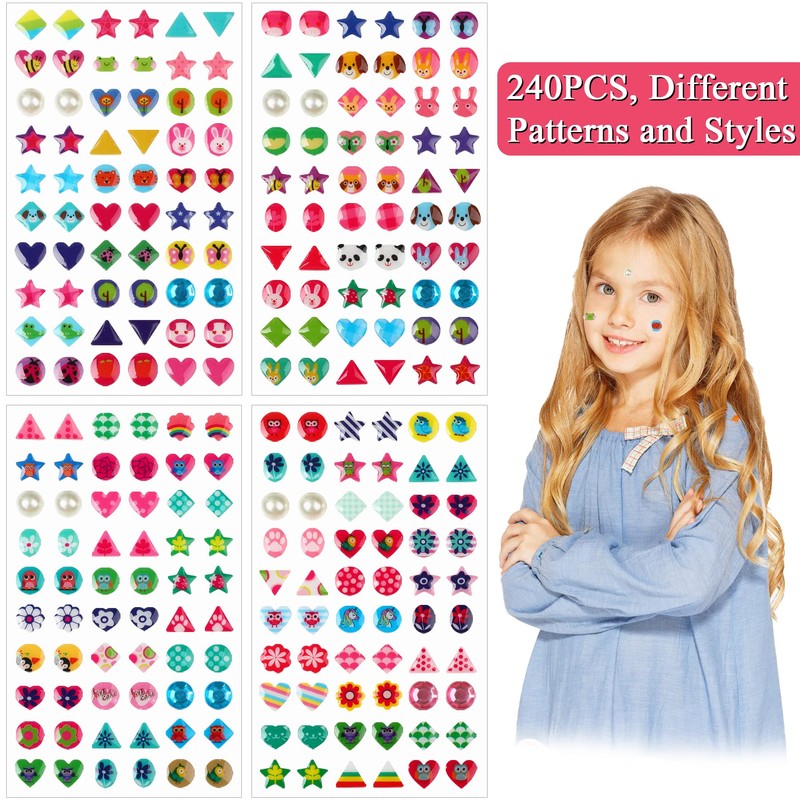 240 Piece Sticker Earrings 3D Gems Girls Earrings Self-Adhesive Glitter