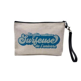 Tasche aus Leinen – zertifiziert Beste Kollegin Familie Mama Party Feier Idee – Kosmetiktasche aus Leinen in Leinenoptik – Kulturbeutel – Geldbörse, Surferin, 23.5 x 15 cm, Kosmetiktasche