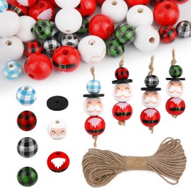 160pcs Santa Claus Christmas Crafts Supplies, Wooden Xmas Ornament Kits Holiday DIY Wood Beads with 10m/39.37in Twine for Christmas Jewelry Making Decoration