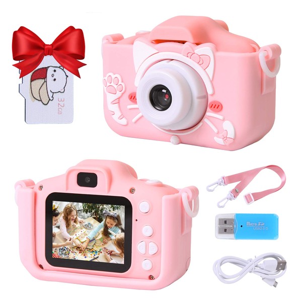 Playoos Kids Camera for Girls Boys,Kids Selfie Camera,Dual Lens 2.0 Inch Screen,Digital Camera Toys for Kids with 32GB Memory Card, Cute Pink Cat Case,Great Kids Birthday for Age 3-12