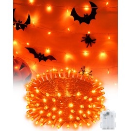 Kelumi - Cadena de luces de Halloween funciona con pilas, luces naranjas con temporizador impermeable, 50 luces LED para decoración de Halloween para exteriores, patio, fiesta, jardín, patio
