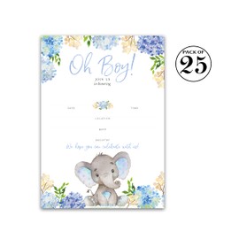 BLUE ELEPHANT Baby Shower INVITATIONS — Pack of 25 — BABY BOY Blank Fill-in Baby Shower INVITES, Oh Baby, Blue Floral BABY ELEPHANT BOY Baby Sprinkle Little Peanut Invitation SKU I531-INV1