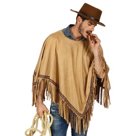 shoperama Tan Unisex Fringe Poncho in Suede Look for Hippie Native American Goucho