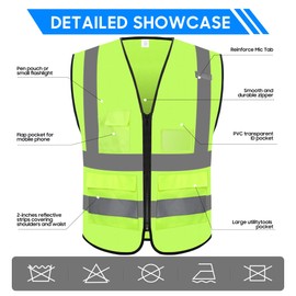 Rhino Hit Reflective Safety Vest for Men Women with 5 Pockets and Zipper Front High Visibility Construction Vest Meets ANSI/ISEA Standards