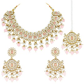 Aheli Kundan & Pink Beads Studded Silver Plated Choker Necklace Dangle Earrings & Maangtikka Set Ethnic Jewellery Gift for Women