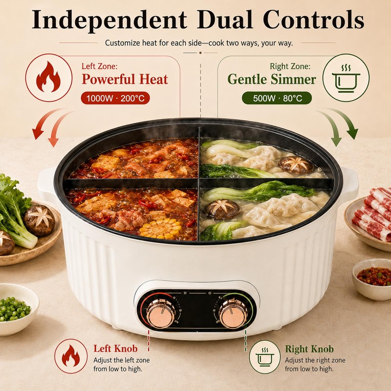 4-Compartment Hot Pot, 6L Large Stew Pot with Divider, Dual