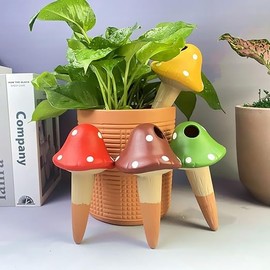 Decorative Plant Watering Stakes, Set of 4, Glasses Design, Multi-Color Terracotta (Classic Mushroom 02)