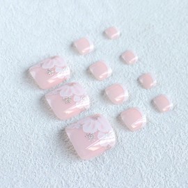 Pink Press on Toe Nails French Tip Fake Toe nails with White Flower Designs False Toenails Square Glue on Toenails Nail Glitter Stick on Toe Nails Glossy Acrylic Toenails Full Cover Artificial Toenail