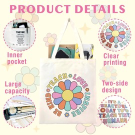THEYGE Teacher Tote Bag For Women Teachers Gift Aesthetic Canvas Bag Cute Cotton Tote Bag For Shopping Beach Bag Reusable Grocery Bag With Inner Pocket