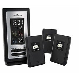 Precision Radio Controlled Multi-Temperature Digital Clock with Alarm and Snooze Function, Date Display & 3 Remote Temperature Sensors, Black and Grey, One Size, (PREC0114)