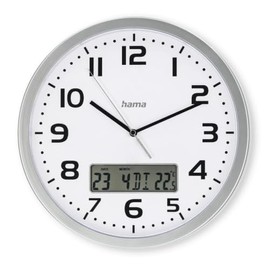 Hama Moorea Radio Wall Clock (DCF Radio-Controlled Clock, Digital Display of Date and Temperature, Adjustable Time Zone, Diameter 30 cm, Large Dial, Analogue Wall Clock, Second Hand, 7 Languages, Includes Battery) Silver