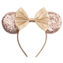 bianbaistar Champagne Glitter Mouse Ears Headband, Luxe Satin Bow for Bridal Events & Park Days